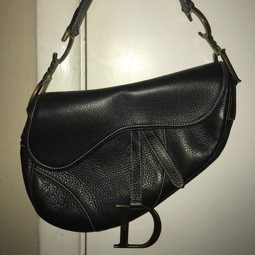 vintage Christian Dior black leather saddlebag